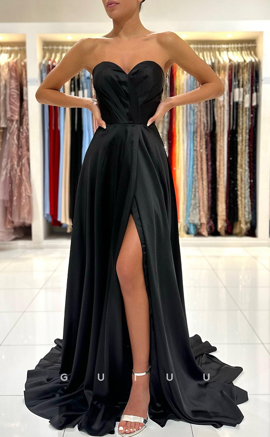 G2891 - Elegant Simple Strapless Pleats Satin Long Black Prom Formal Dress