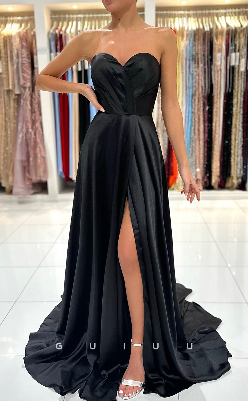 G2891 - Elegant Simple Strapless Pleats Satin Long Black Prom Formal Dress