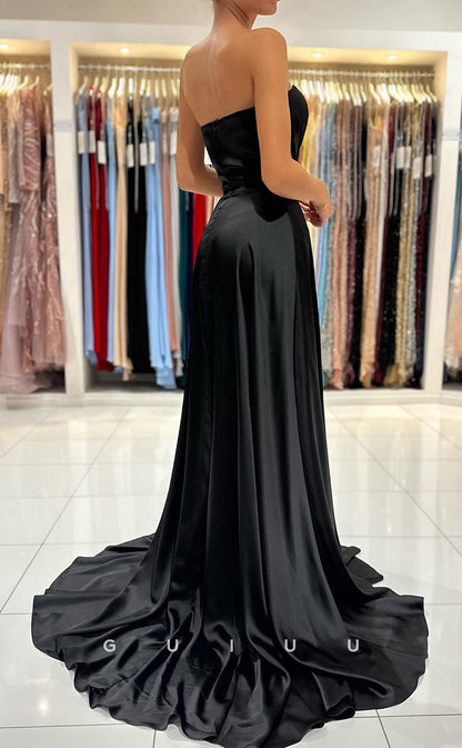 G2891 - Elegant Simple Strapless Pleats Satin Long Black Prom Formal Dress