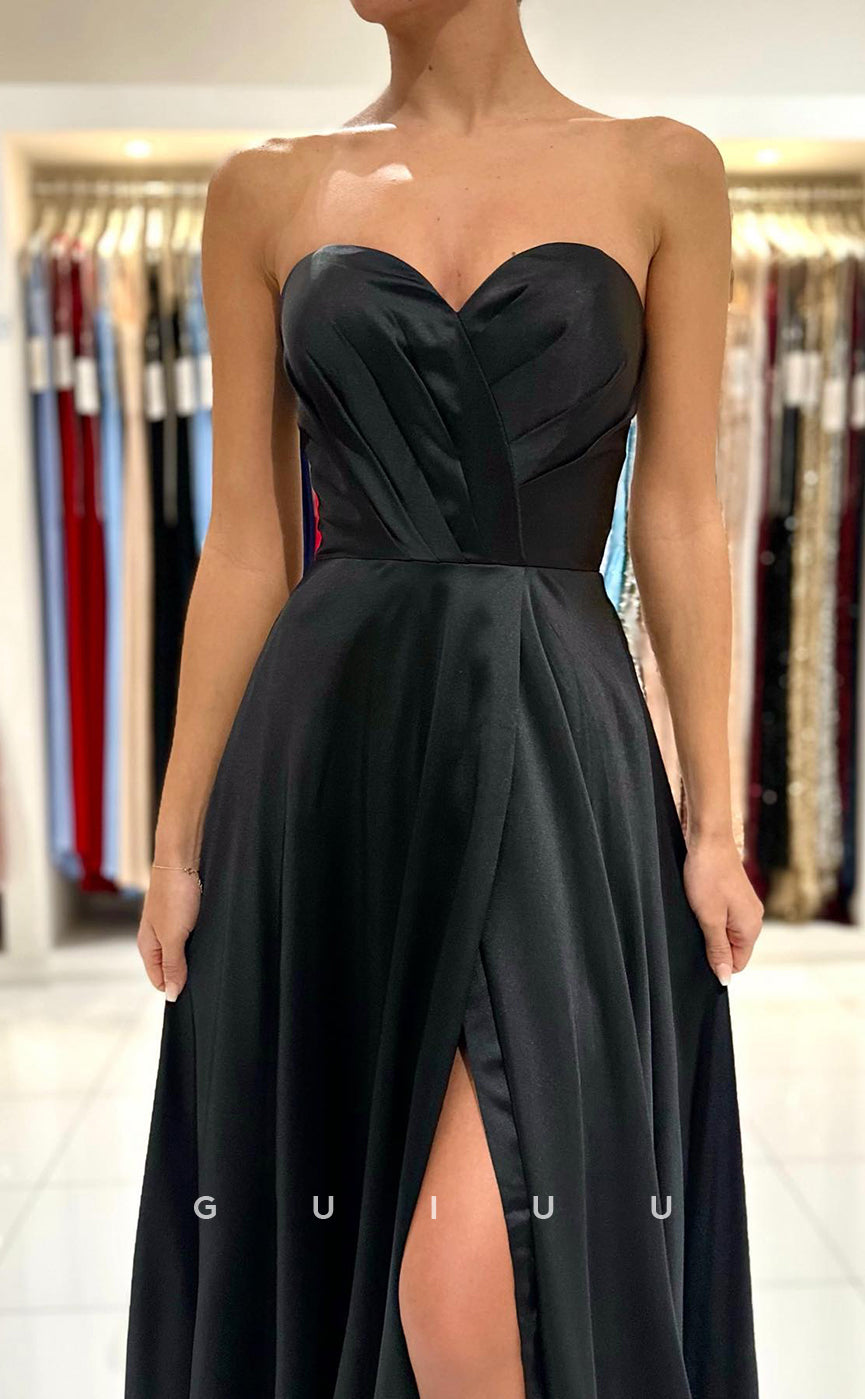 G2891 - Elegant Simple Strapless Pleats Satin Long Black Prom Formal Dress