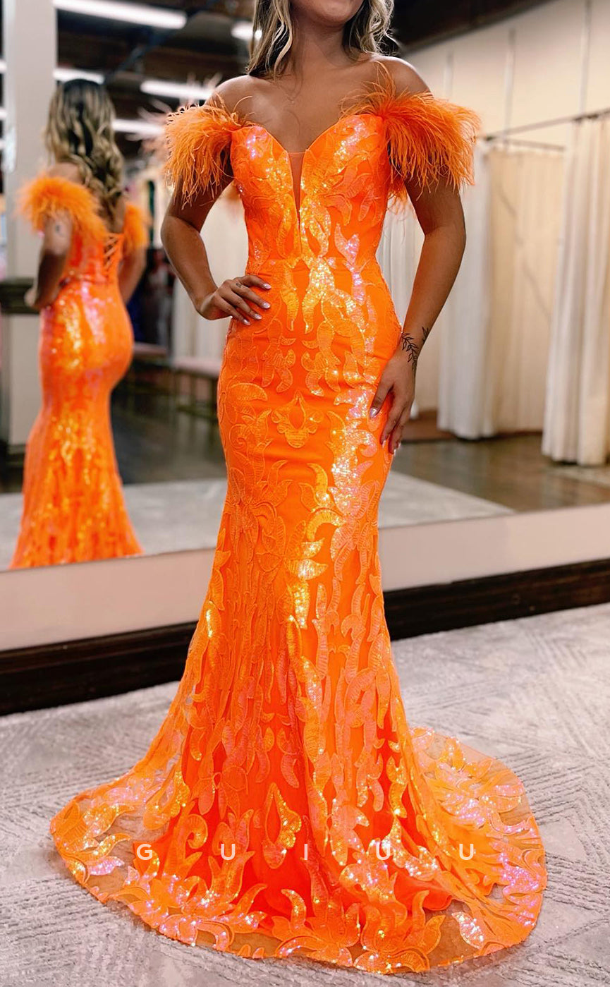 G2892 - Chic & Modern Off-Shoulder Sequins Feather Long Prom Formal Dress