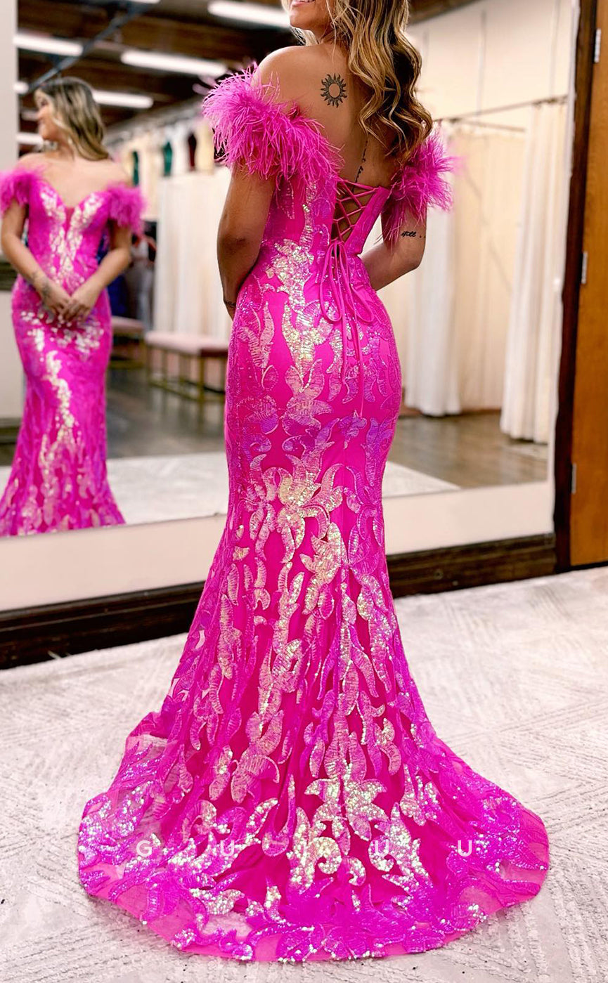 G2892 - Chic & Modern Off-Shoulder Sequins Feather Long Prom Formal Dress