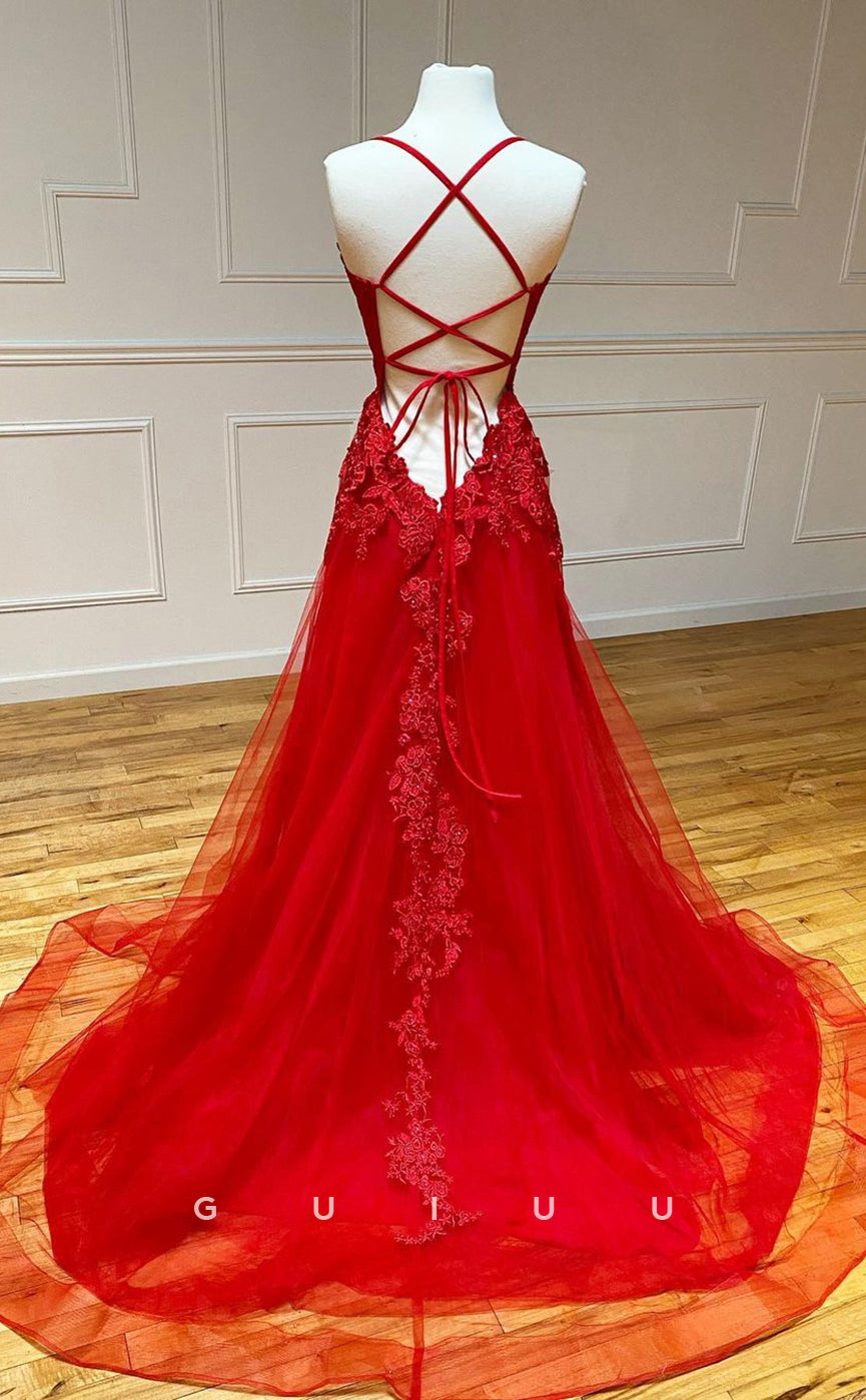 G2905 - Chic & Modern Lace Applique Straps Red Long Prom Formal Dress