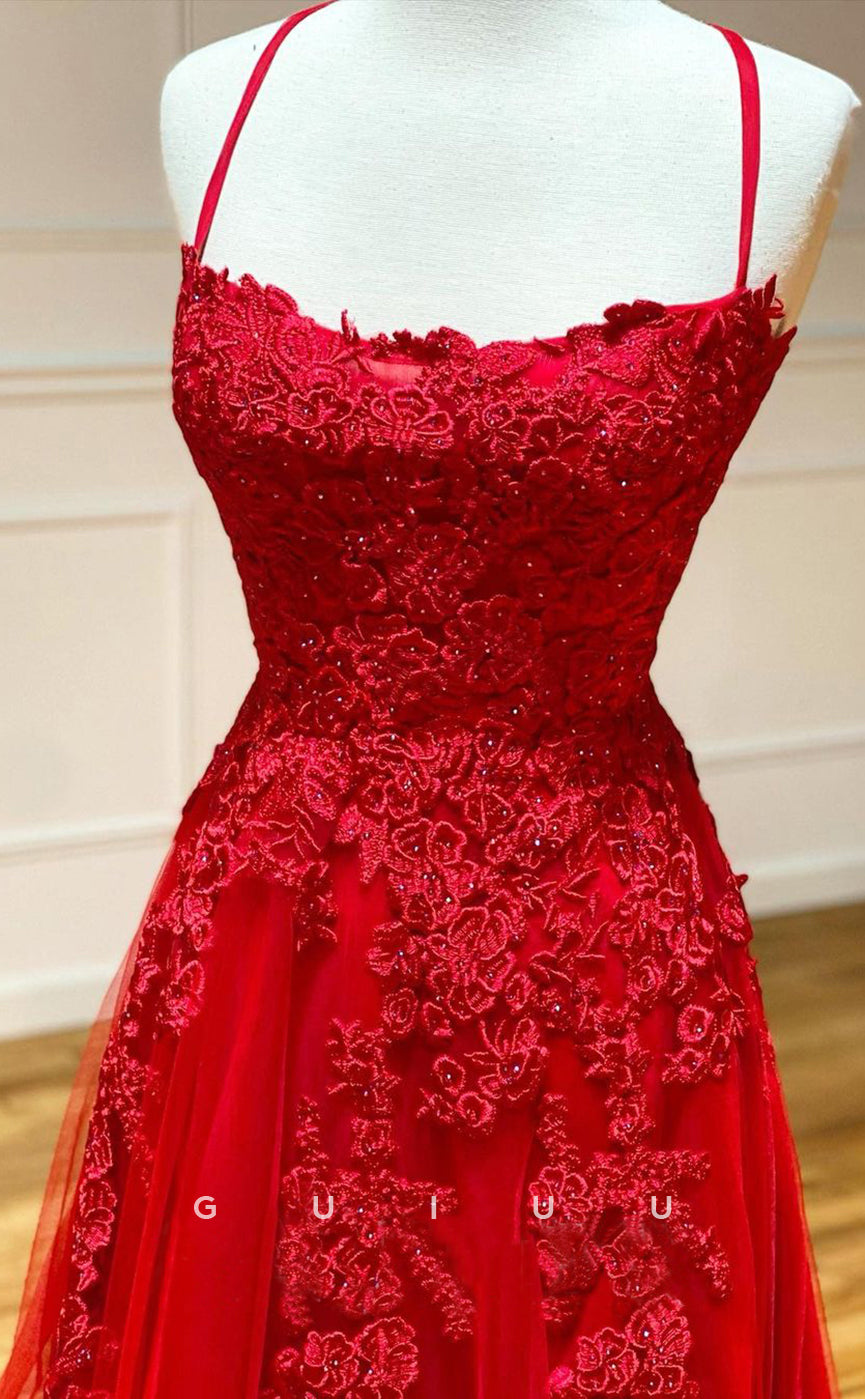 G2905 - Chic & Modern Lace Applique Straps Red Long Prom Formal Dress