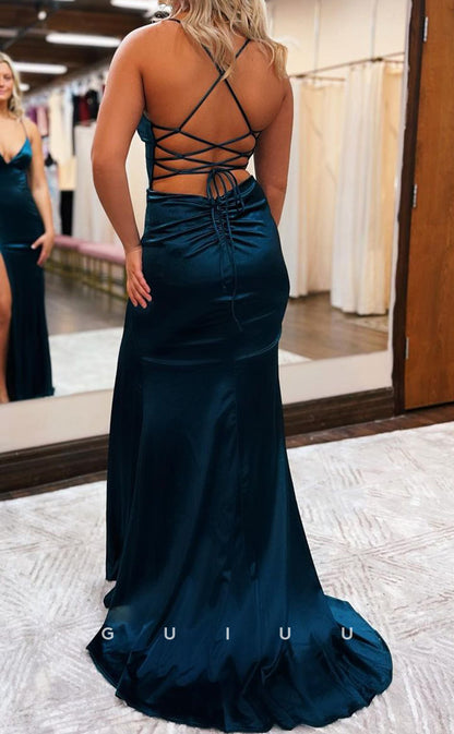 G2907 - Chic & Modern V-Neck Straps Simple Satin Long Prom Formal Dress