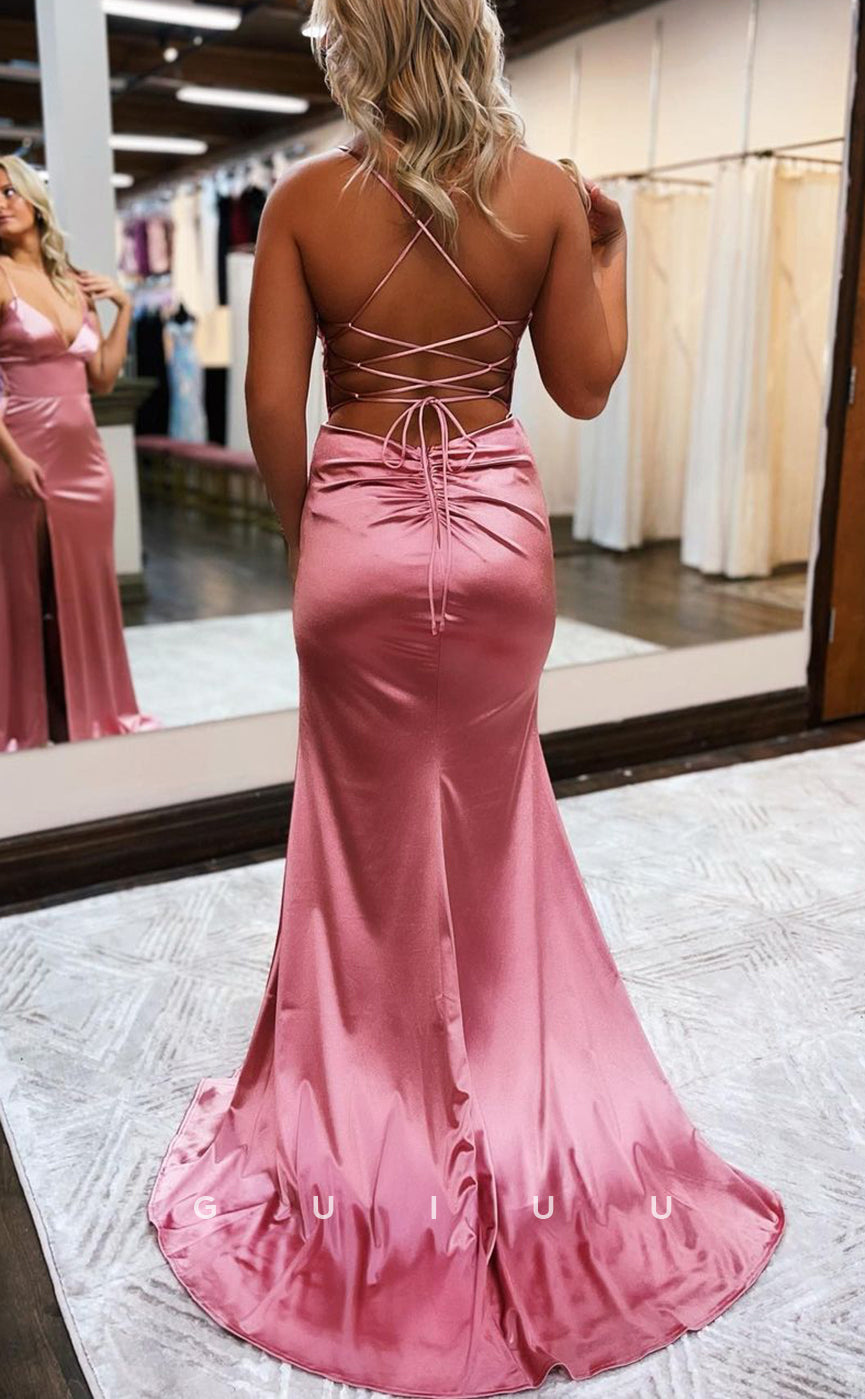 G2907 - Chic & Modern V-Neck Straps Simple Satin Long Prom Formal Dress