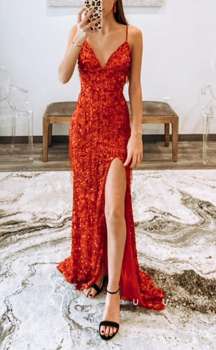 G2909 - Classic & Timeless V-Neck Sequins Red Long Prom Formal Dress