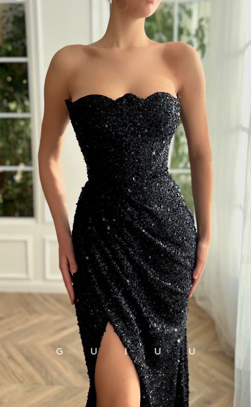 G2911 - Chic & Modern Strapless Sequins Black Prom Formal Dress With Slit