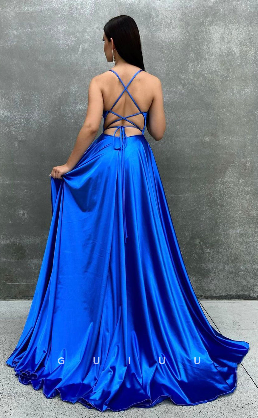 G2913 - Chic & Modern A-Line Straps Pleats Blue Long Prom Formal Dress