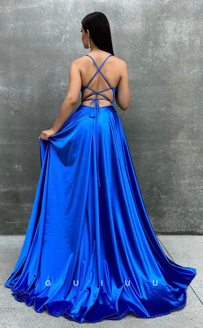 G2913 - Chic & Modern A-Line Straps Pleats Blue Long Prom Formal Dress