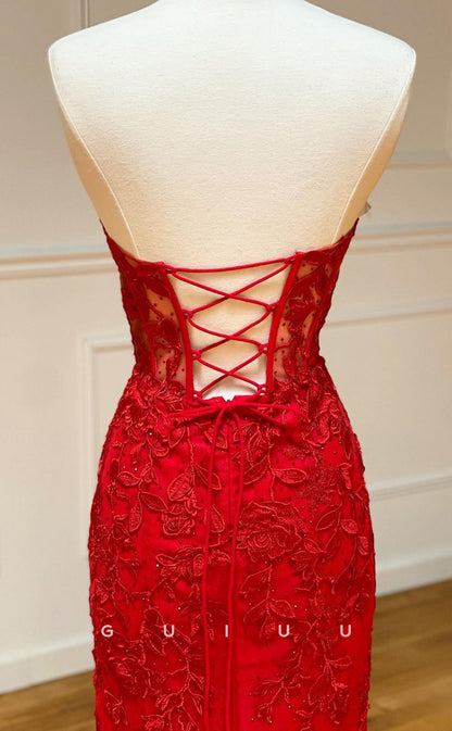 G2914 - Classic & Sheath Strapless Lace Applique Red Prom Formal Dress