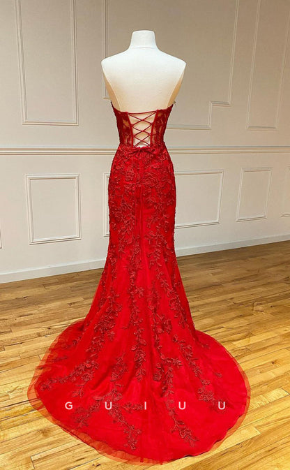 G2914 - Classic & Sheath Strapless Lace Applique Red Prom Formal Dress