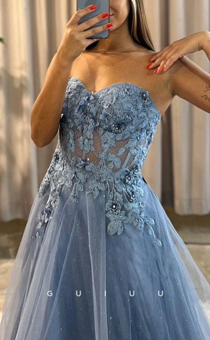 G2921 - Elegant A-Line Strapless Glitter Appllique Long Prom Formal Dress