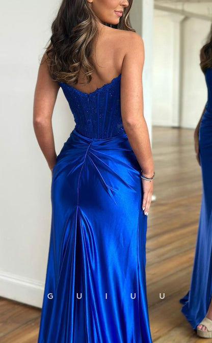 G2924 - Classic & Timeless Strapless Lace Satin Pleats Prom Formal Dress With Slit