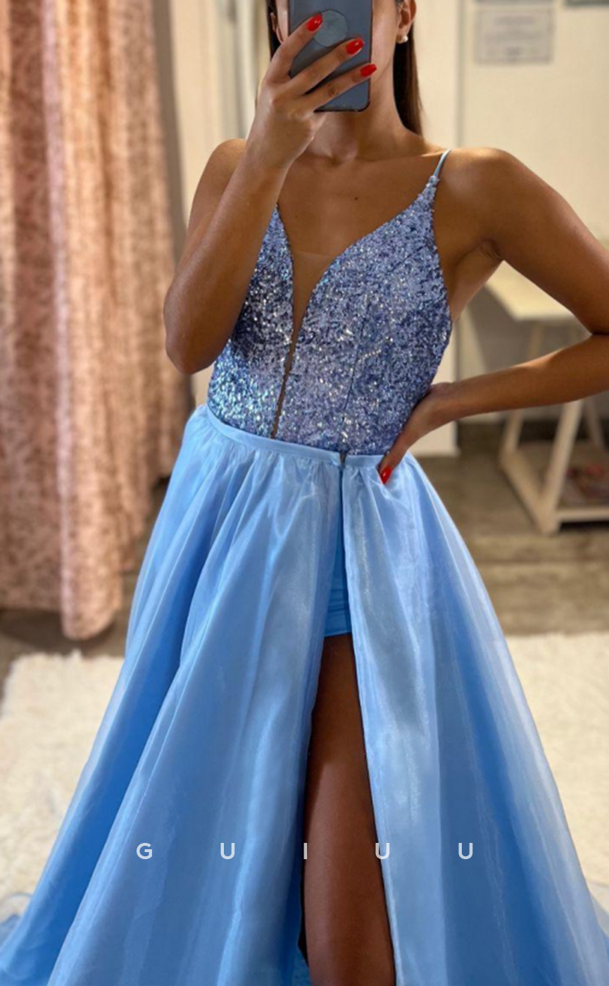 G2927 - A-Line V-Neck Glitter Sequins Two Piece Long Prom Formal Dress with Slit for Black Girl Slay