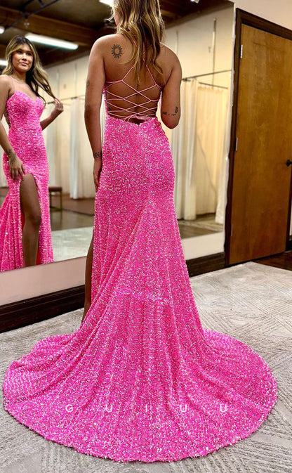 G2942 - Chic & Modern V-Neck Sequins Straps Long Formal Prom Dress