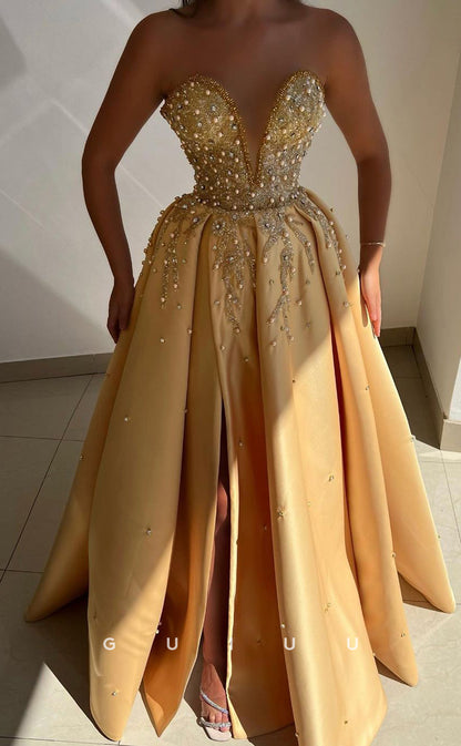 G2946 - Elegant & Luxurious V-Neck Strapless Beaded Long Formal Prom Dress