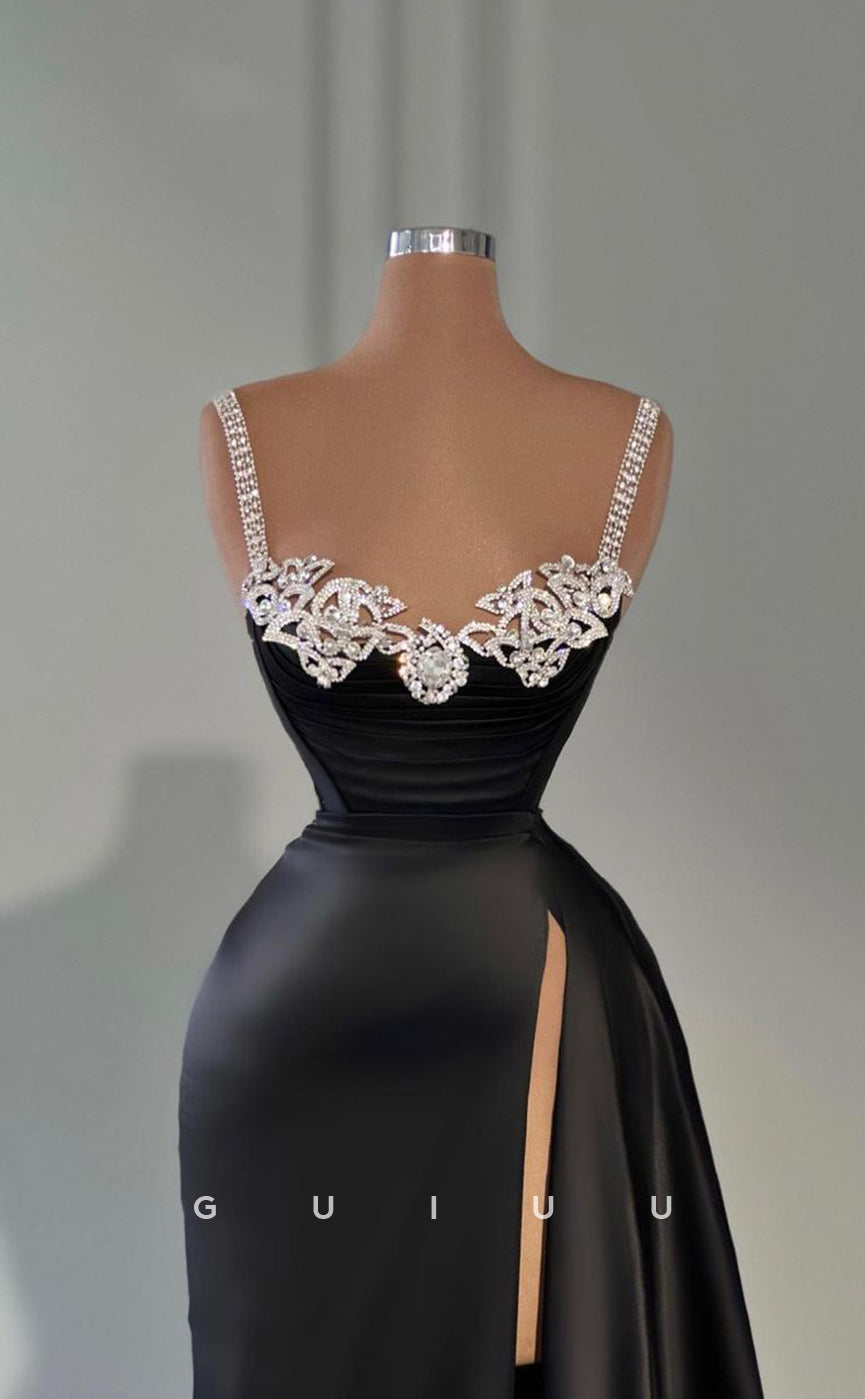 G2963 - Chic & Modern Sweetheart Beaded Black Long Formal Prom Dress