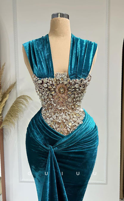 G2965 - Chic & Modern Mermaid Beaded Velvet Pleats Long Formal Prom Dress