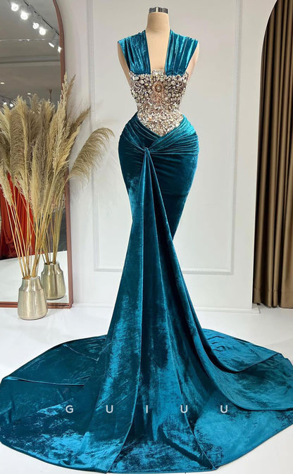 G2965 - Chic & Modern Mermaid Beaded Velvet Pleats Long Formal Prom Dr ...