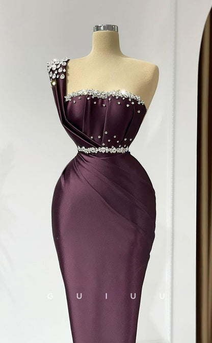 G2967 - Chic & Modern One Shoulder Beaded PLeats Long Formal Prom Dress