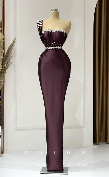 G2967 - Chic & Modern One Shoulder Beaded PLeats Long Formal Prom Dress