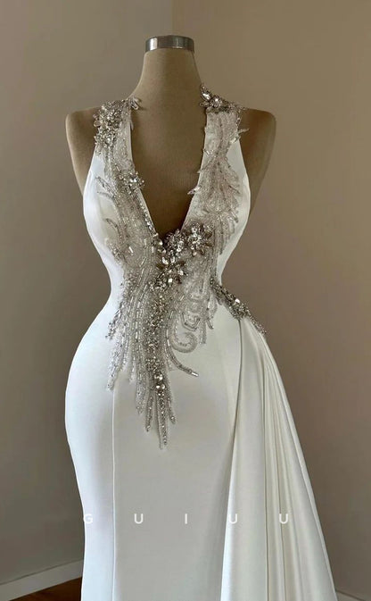 G2970 - Sheath Fitted V-Neck Beaded White Long Formal Prom Dress With Train