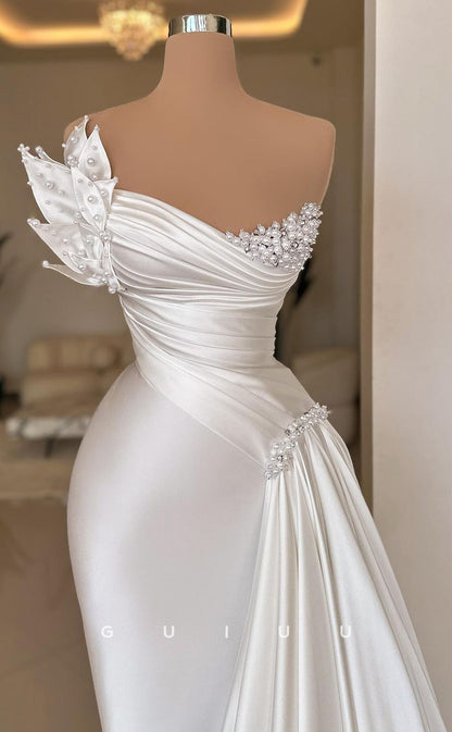 G2971 - Elegant & Luxurious Strapless Beaded Pleats White Formal Prom Dress With Train