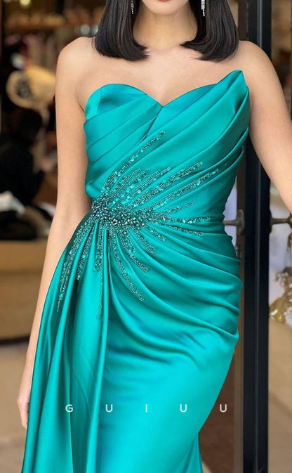 G2979 - Chic & Modern Strapless Beaded Pleats Long Formal Prom Dress With Slit