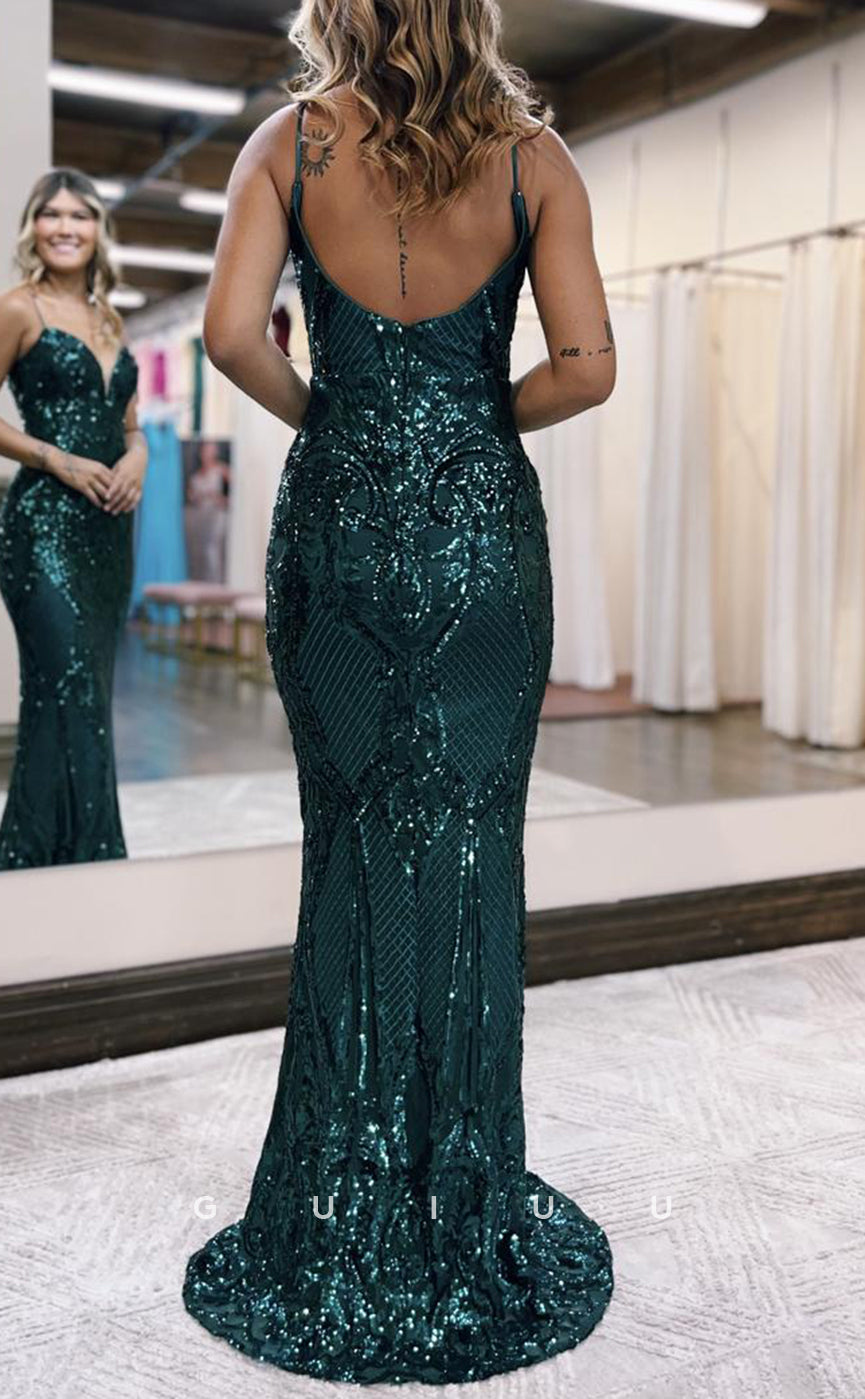 G2985 - Chic & Modern Mermaid V-Neck Sequins Straps Long Formal Prom Dress