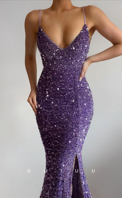 G2986 - Classic & Timeless V-Neck Sequins Straps Long Formal Prom Dress