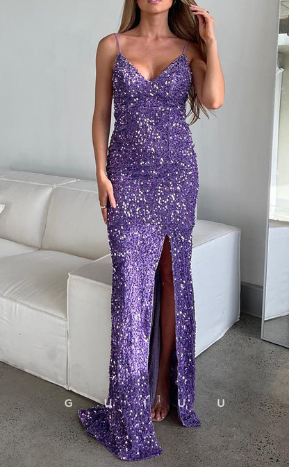 G2986 - Classic & Timeless V-Neck Sequins Straps Long Formal Prom Dress