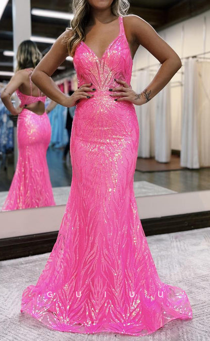 G2987 - Chic & Modern Memid V-Neck Sequind Pink Long Formal Prom Dress