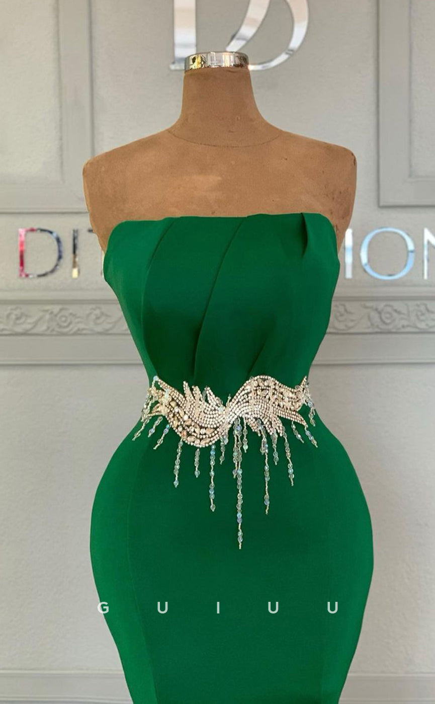 G3004 - Sheath Mermaid Strapless Beaded Green Long Formal Prom Dress