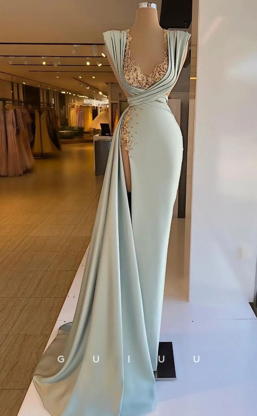 G3033 - Chic & Modern V-Neck Beaded Pleats Long Formal Prom Dress With Slit