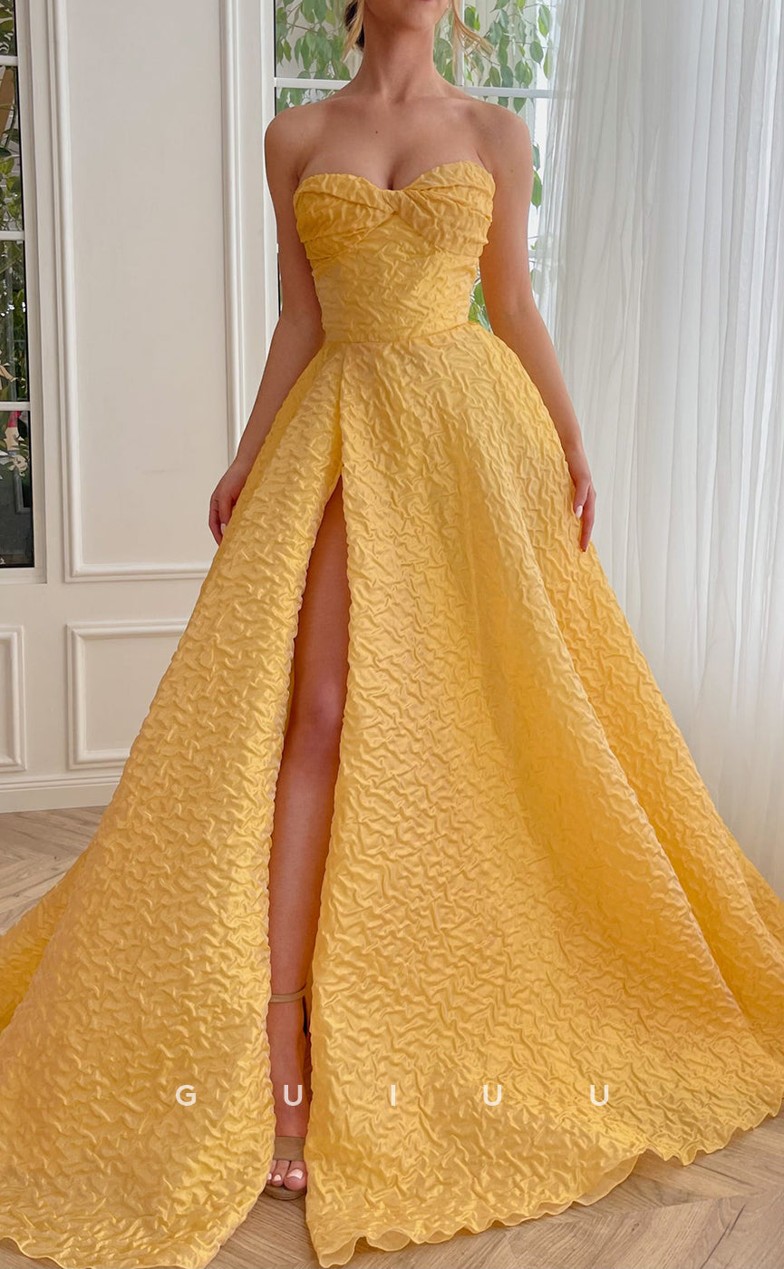 G3041 - Chic & Modern A-Line Strapless Pleats Yellow Long Formal Prom Dress With Slit