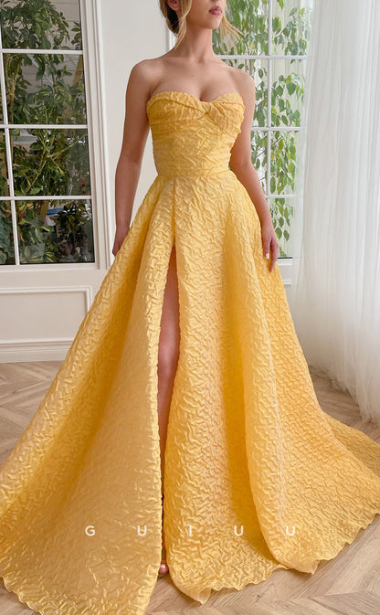 G3041 - Chic & Modern A-Line Strapless Pleats Yellow Long Formal Prom Dress With Slit