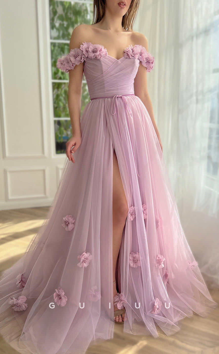 G3043 - Chic & Modern Off-Shoulder Floral Embossed Pleats Tulle Prom Dress With Slit