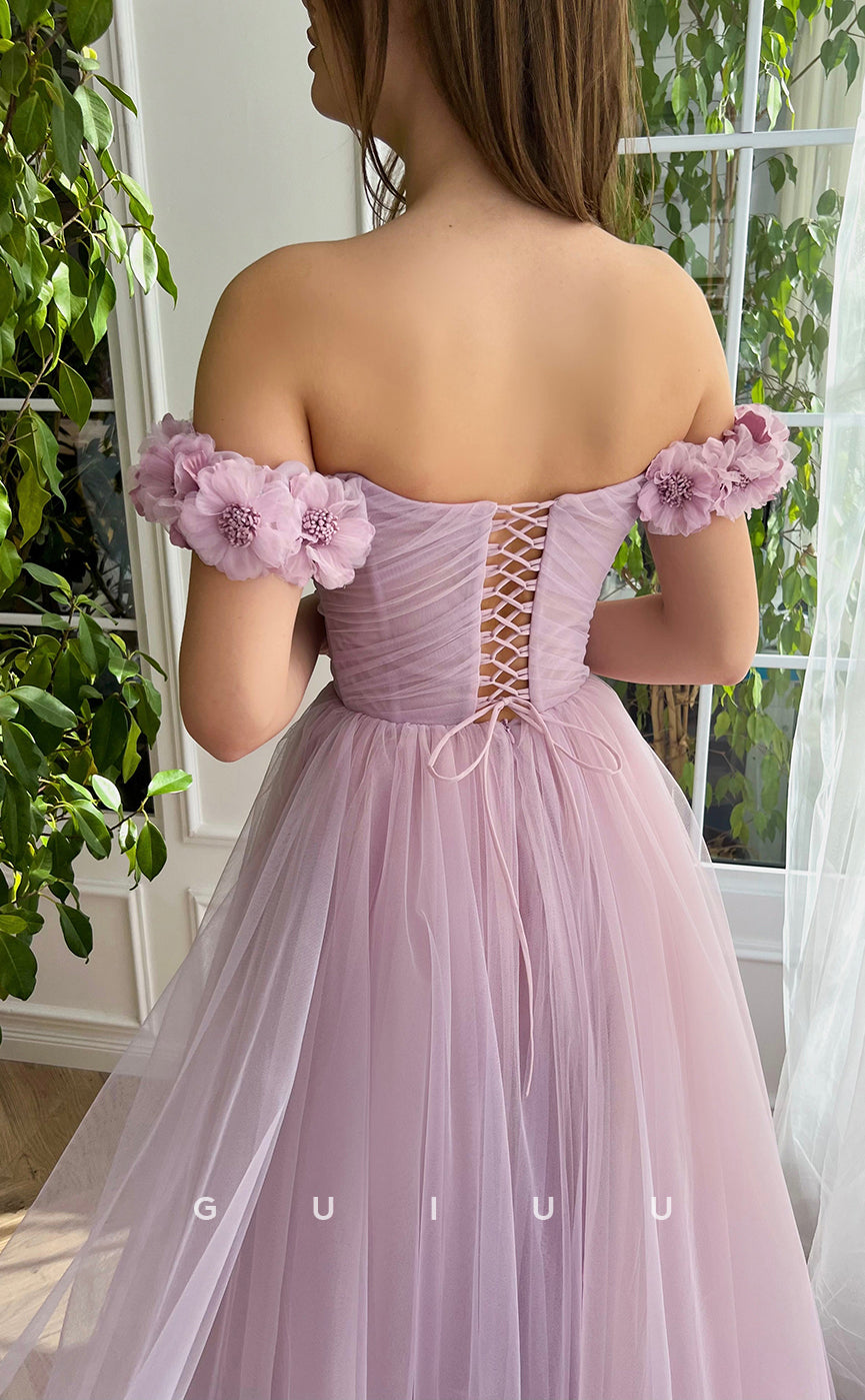 G3043 - Chic & Modern Off-Shoulder Floral Embossed Pleats Tulle Prom Dress With Slit