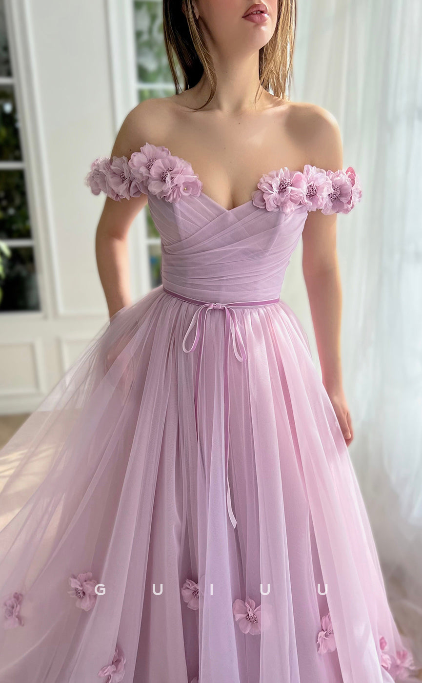 G3043 - Chic & Modern Off-Shoulder Floral Embossed Pleats Tulle Prom Dress With Slit