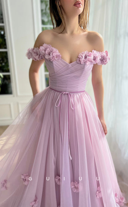 G3043 - Chic & Modern Off-Shoulder Floral Embossed Pleats Tulle Prom Dress With Slit