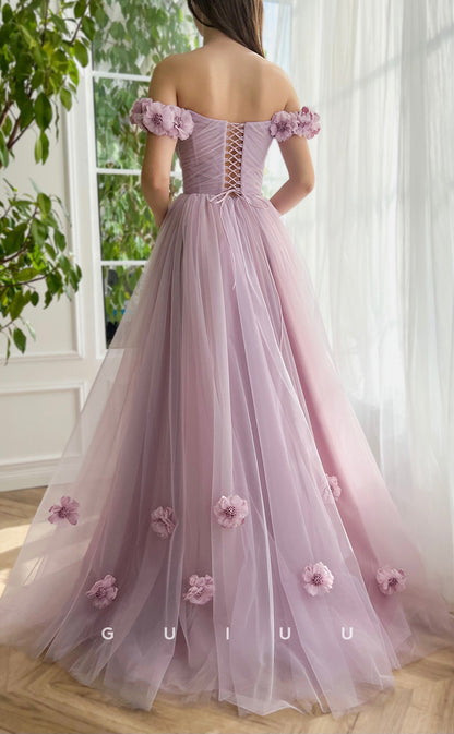 G3043 - Chic & Modern Off-Shoulder Floral Embossed Pleats Tulle Prom Dress With Slit