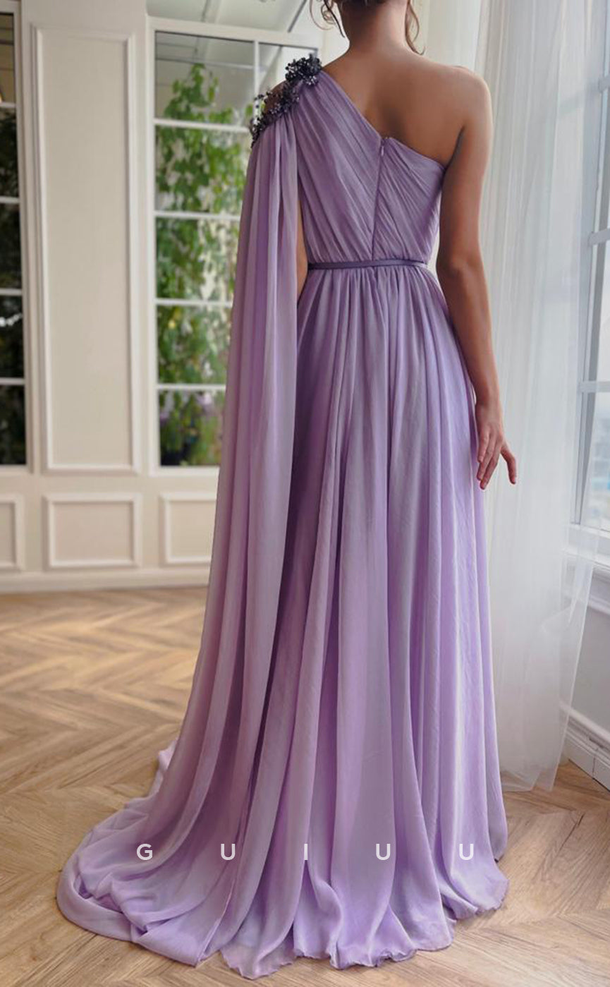 G3045 - Elegant & Luxurious Tulle One Shoulder Beaded Cap Sleeve Formal Prom Dress With Slit