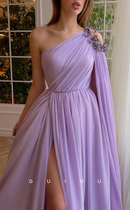 G3045 - Elegant & Luxurious Tulle One Shoulder Beaded Cap Sleeve Formal Prom Dress With Slit