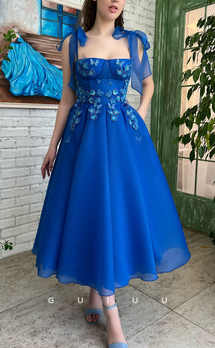 G3046 - Chic & Modern A-Line Bow Floral Embossed Straps Blue Long Formal Prom Dress