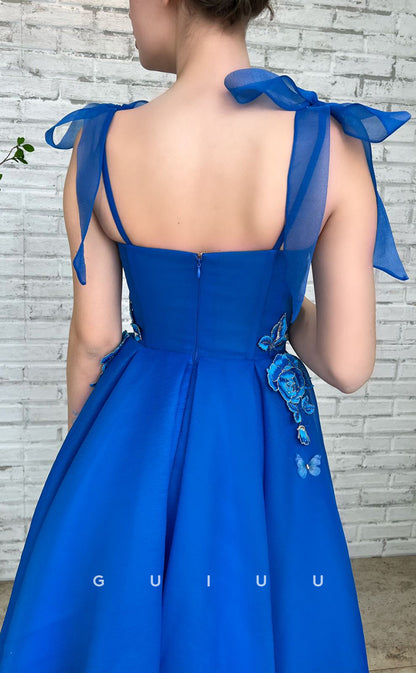 G3046 - Chic & Modern A-Line Bow Floral Embossed Straps Blue Long Formal Prom Dress