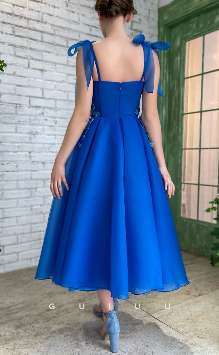 G3046 - Chic & Modern A-Line Bow Floral Embossed Straps Blue Long Formal Prom Dress