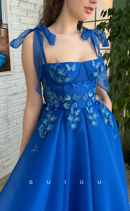 G3046 - Chic & Modern A-Line Bow Floral Embossed Straps Blue Long Formal Prom Dress