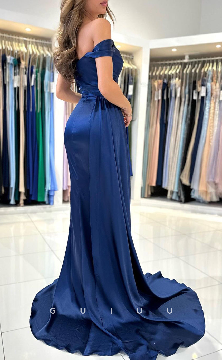 G3050 - Chic & Modern Off-Shoulder Pleats Satin Long Formal Prom Dress With Train