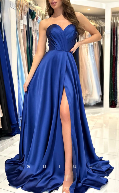 G3051 - Chic & Modern A-Line Satin Strapless Pleats Long Formal Prom Dress With Slit